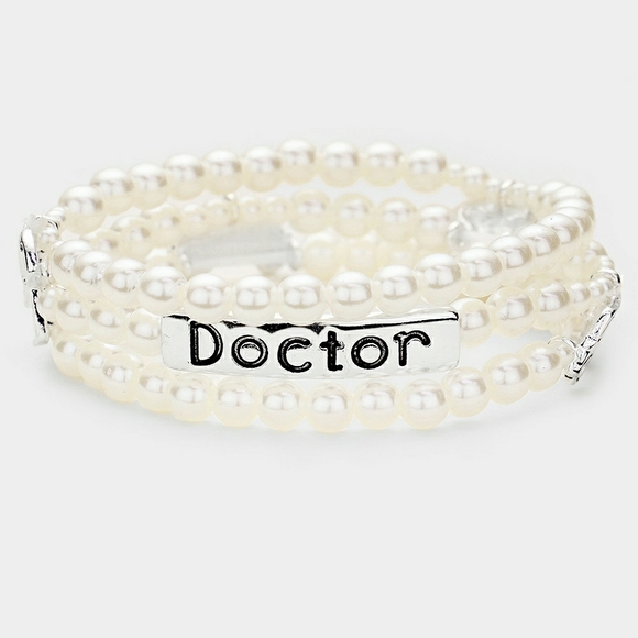 DOCTOR Triple Strand Stretch Cream Pearl Bracelet Message Statement Jewelry - Picture 1 of 3